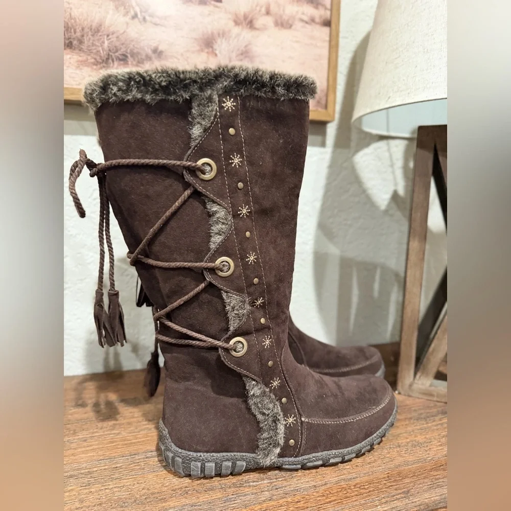 BUCCO CAPENSIS Noeles Brown SIDE ZIP KNEE HIGH BOOTS FAUX FUR TRIM Sz  10